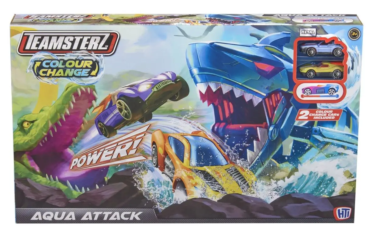 Grafika pudełka Teamsterz Aqua Attack: zielony aligator i niebieski rekin atakują samochody w wodzie.