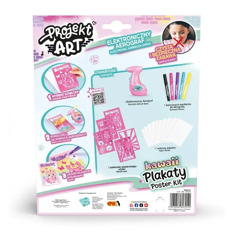 Zestaw plakatów Kawaii z aerografem, szablonami, markerami i papierem.