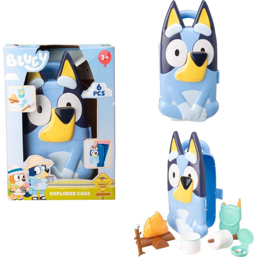 Zestaw zabawek Bluey Explorer Case z akcesoriami do zabawy w kemping.