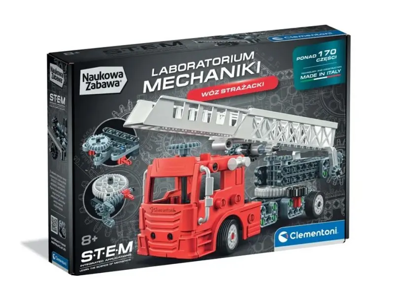 Pudełko czerwonego wozu strażackiego z wysuwaną drabiną i częściami mechanicznymi.