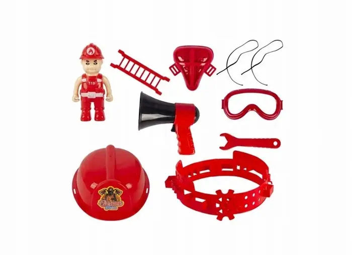 Czerwony zestaw zabawek strażackich zawierający figurkę, kask, drabinę, megafon, maskę, gogle, klucz i pas.