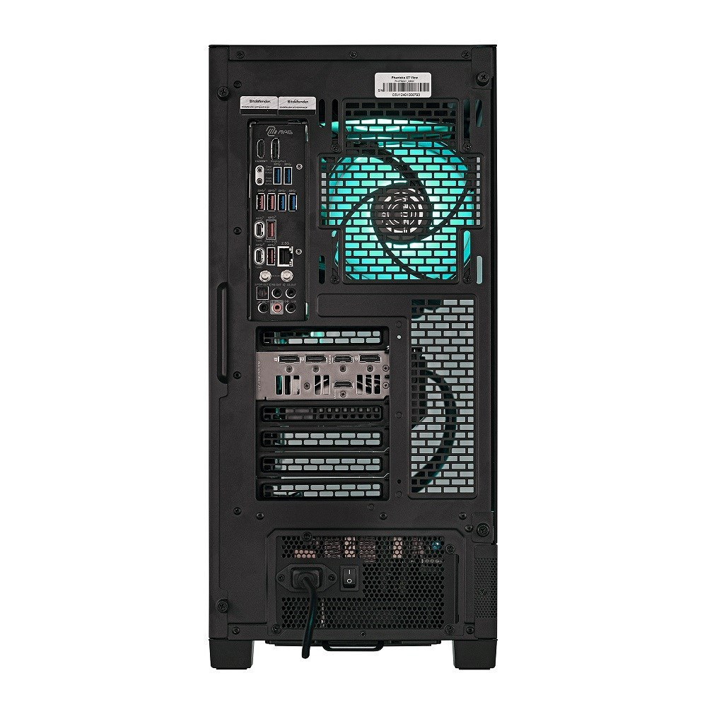 Retro di un case PC nero con porte, ventola e alimentatore.