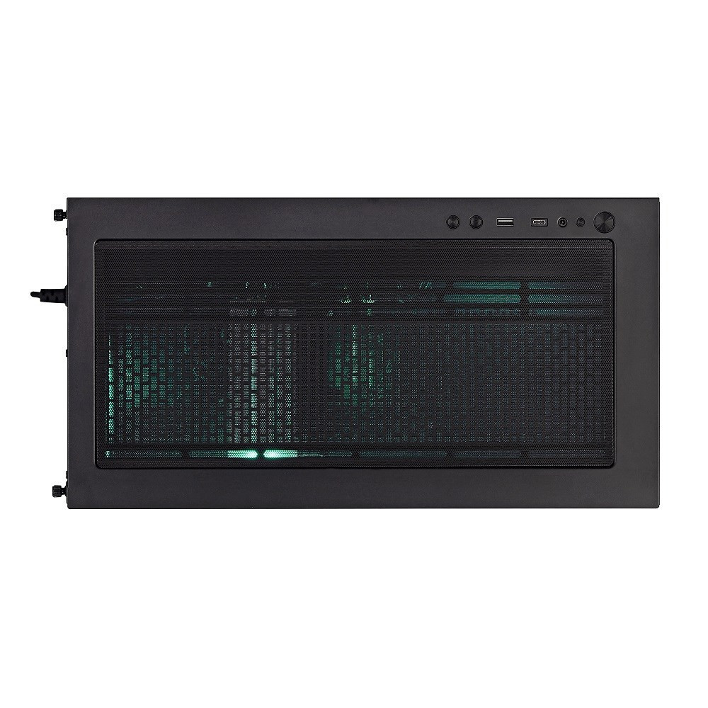 Case per computer nero con pannello frontale in mesh e illuminazione LED verde.