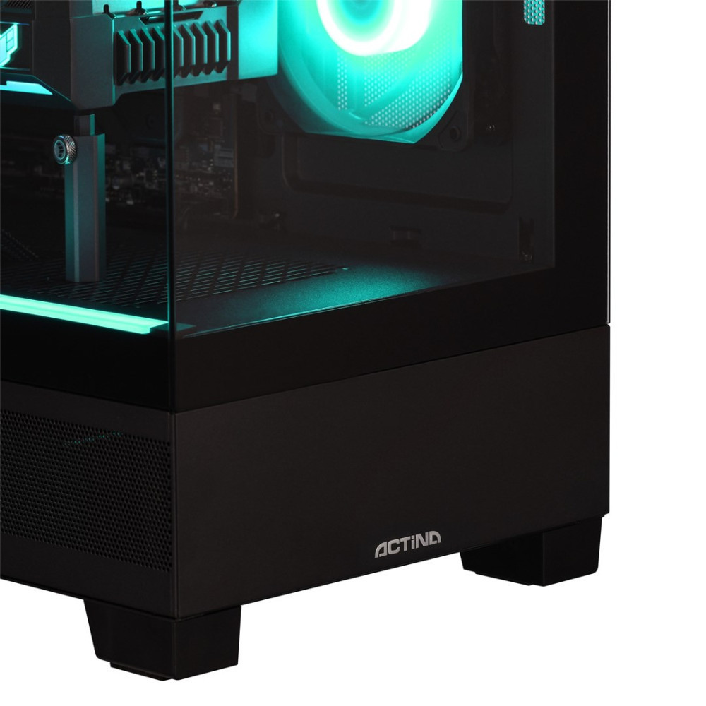 Case del computer nero con pannello laterale in vetro, illuminato da illuminazione RGB turchese.