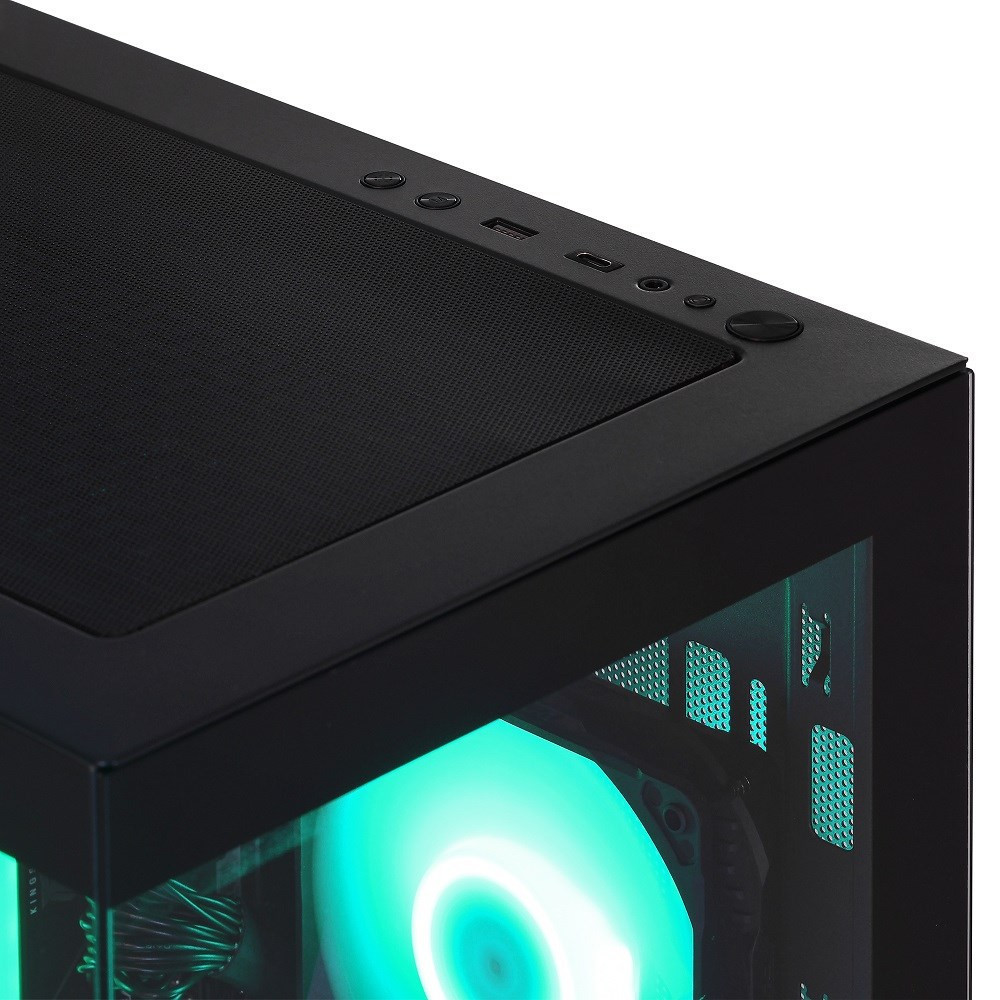 Case del computer nero con ventola illuminata e porte superiori.
