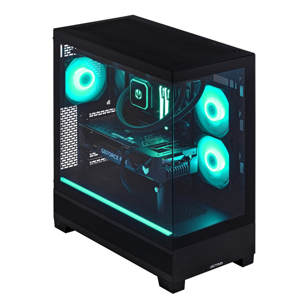 Tower PC nero con pannello laterale in vetro, luci interne e ventole verdi.