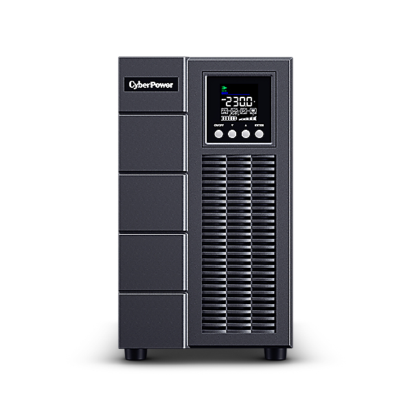 Una torre negra de SAI CyberPower con pantalla LCD y ranuras de ventilación.