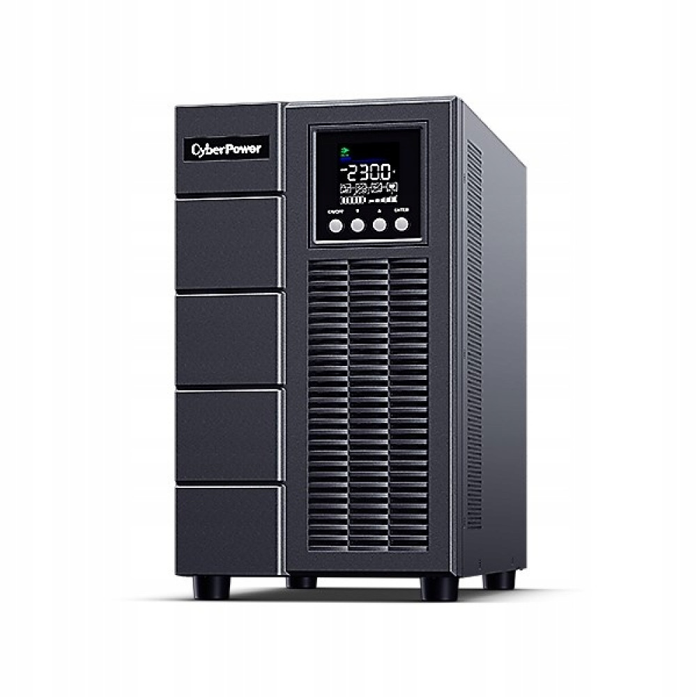Una torre UPS CyberPower negra con pantalla LCD y rejillas de ventilación.