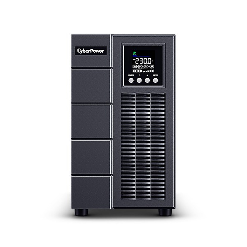 Una unidad negra de SAI CyberPower con pantalla LCD y rejillas de ventilación.