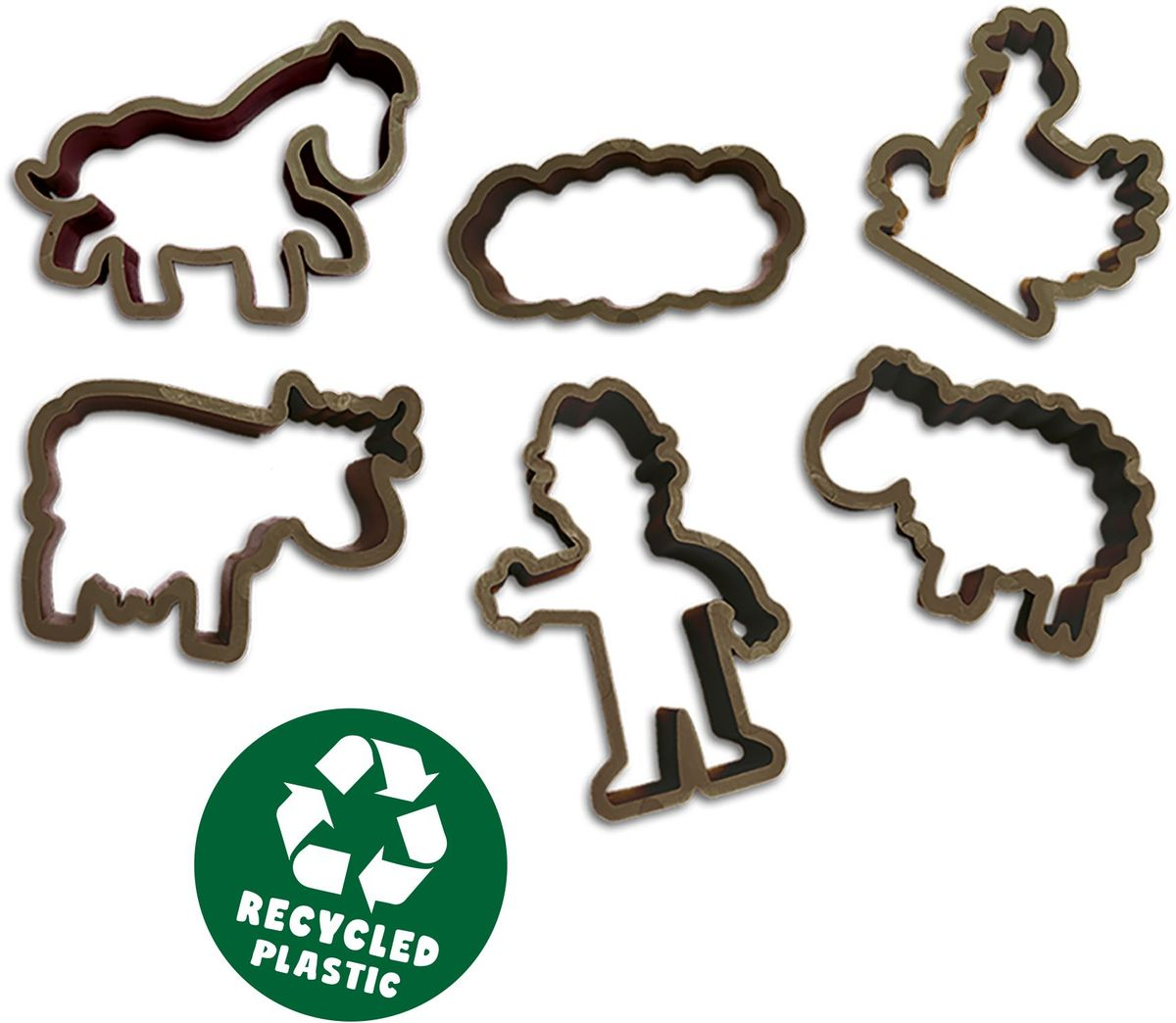 Fünf Ausstecherformen: Pferd, Wolke, Mensch, Schaf und Kuh. Grüner Kreis mit Recycling-Symbol.