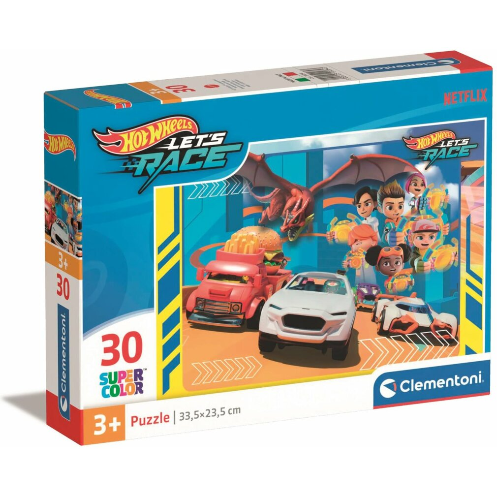 Pudełko puzzli Hot Wheels z samochodami, smokiem, postaciami. 30 el.