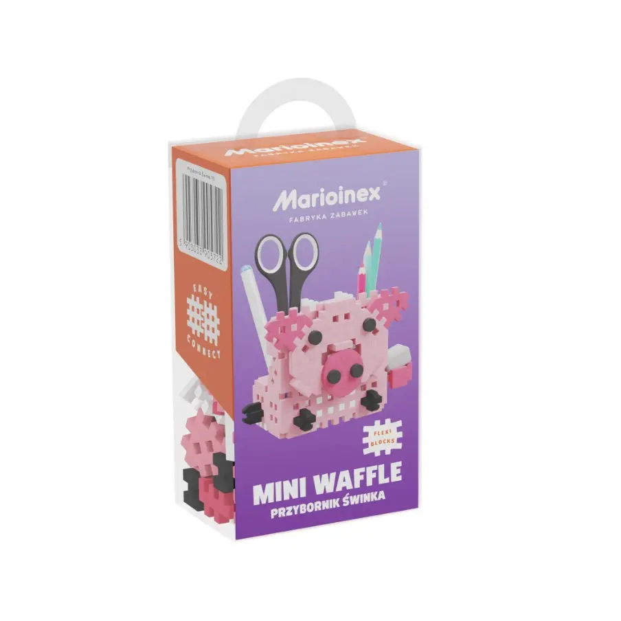 Pudełko na przybornik Marioinex Mini Waffle świnka, z różowych klocków.
