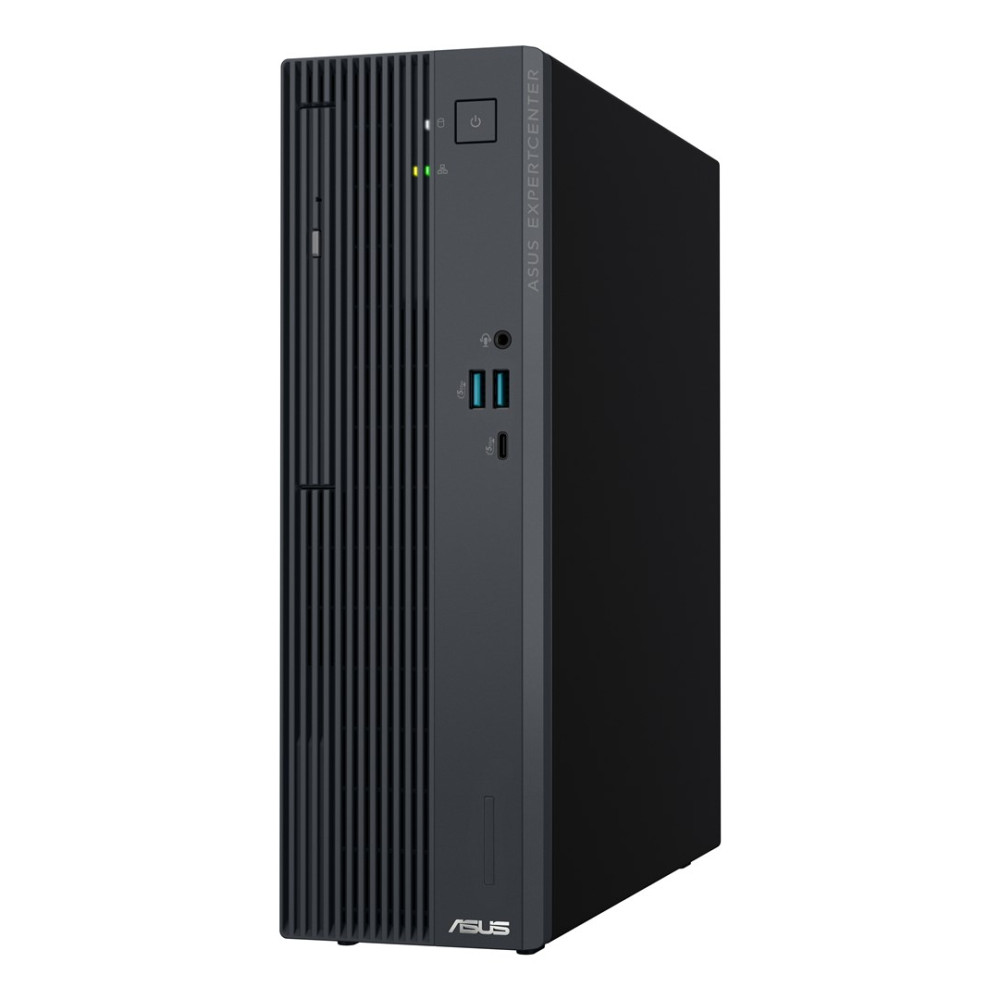 Czarny komputer stacjonarny ASUS ExpertCenter z otworami wentylacyjnymi i portami.