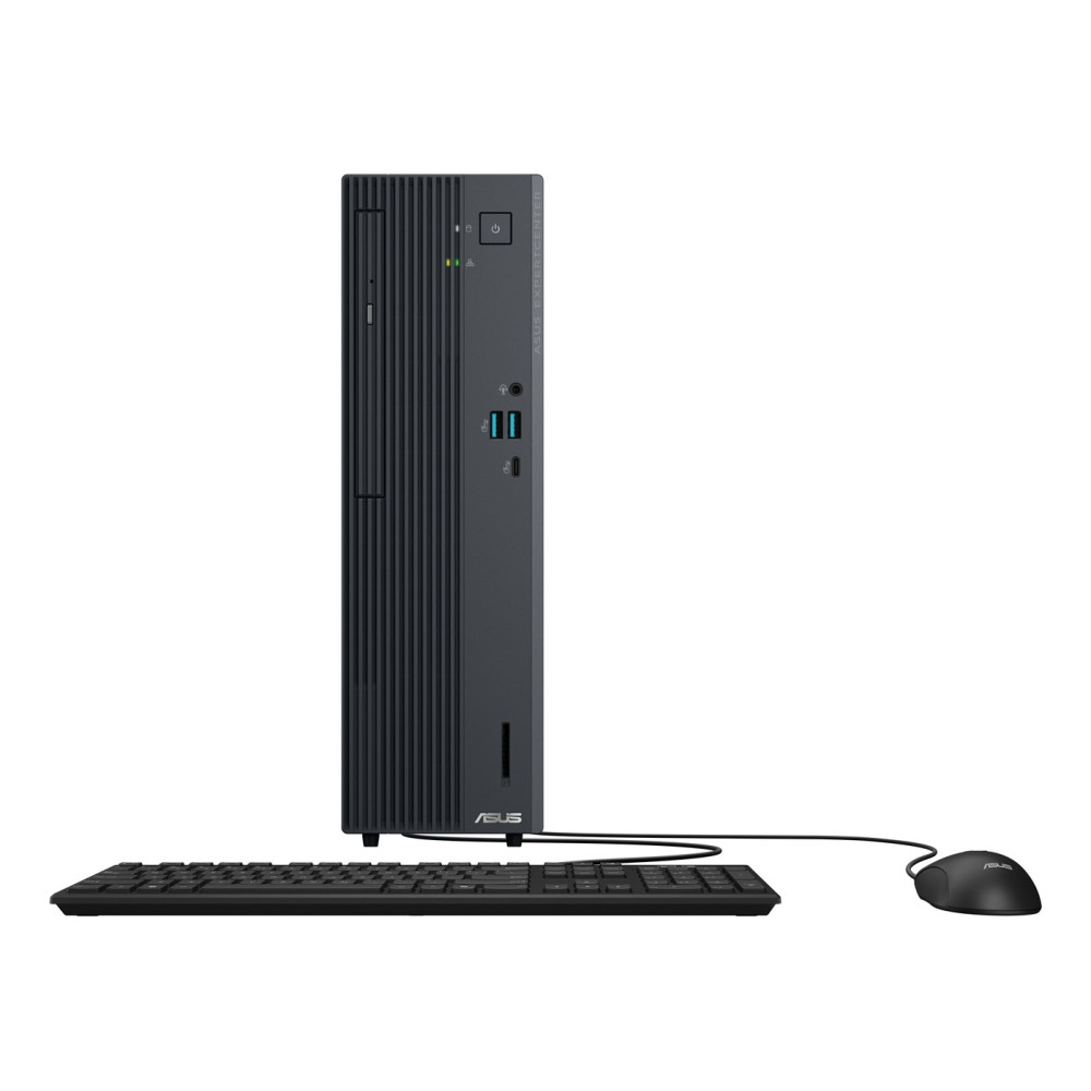 Ciemny komputer ASUS ExpertCenter z klawiaturą i myszką na białym tle.
