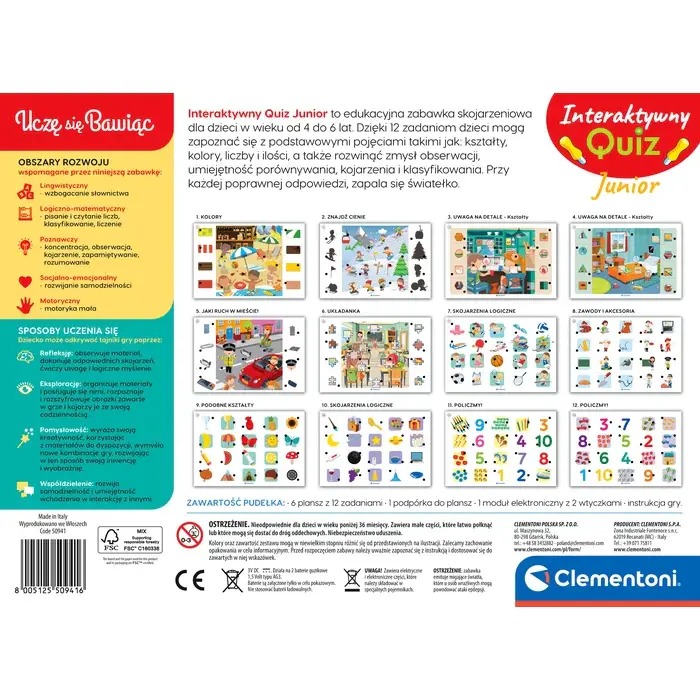 Opakowanie Clementoni Interaktywny Quiz Junior zawiera 12 kart zadań dla dzieci.
