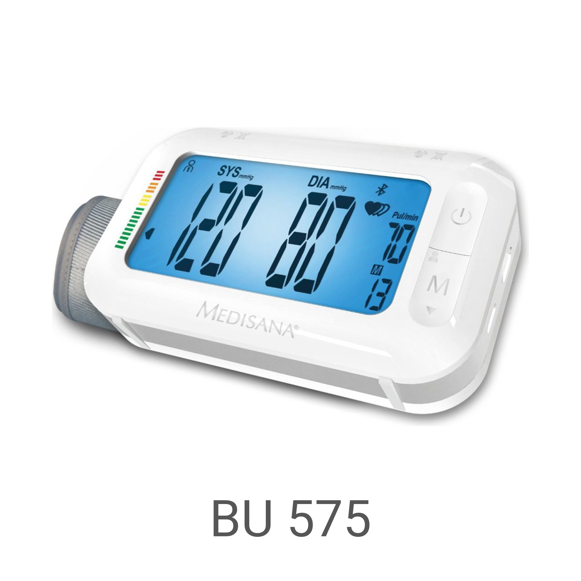 Tensiómetro Medisana BU 575 blanco con pantalla LCD azul que muestra 120/80.