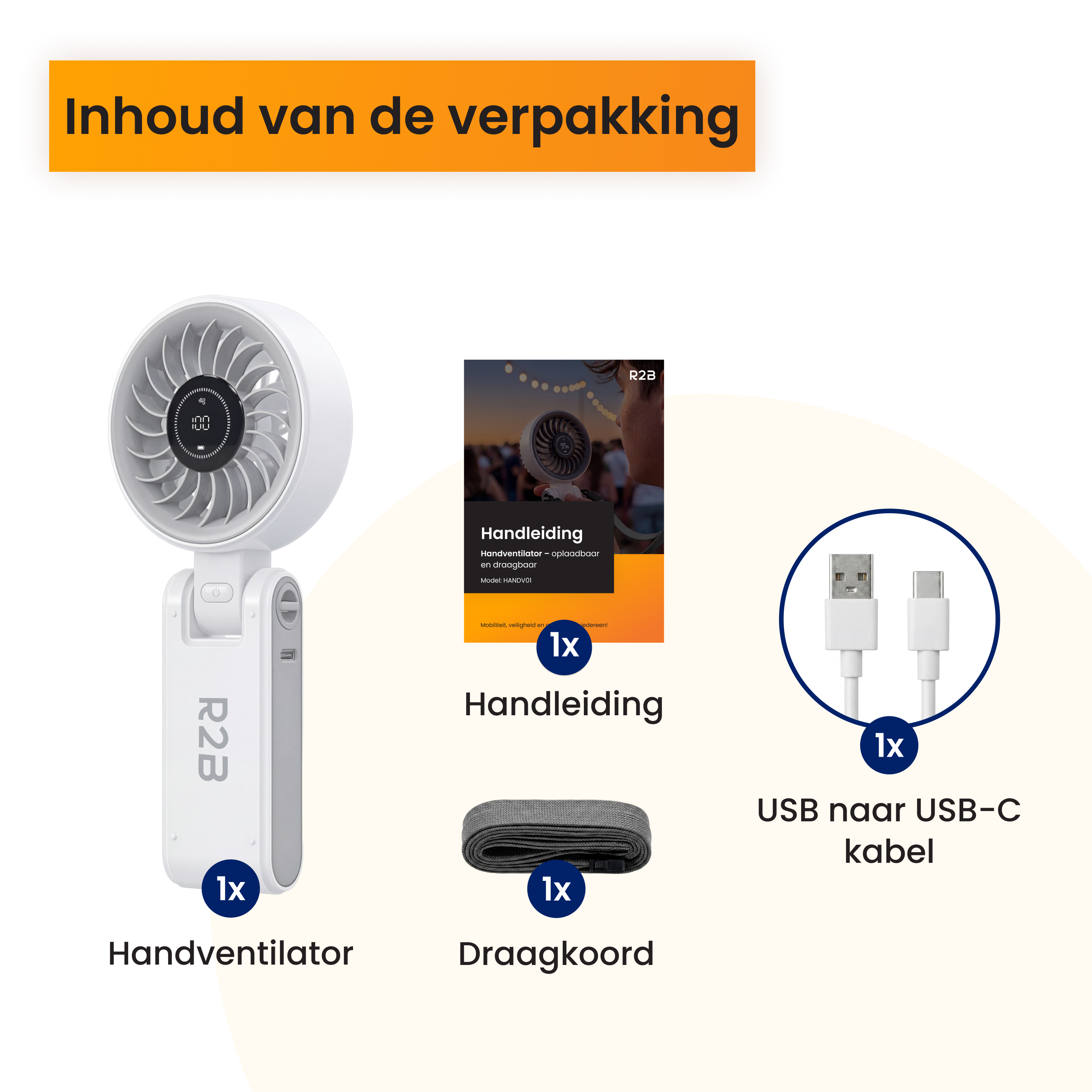 Inhoud van de verpakking: Handventilator, oplaadkabel, handleiding, draagkoord.