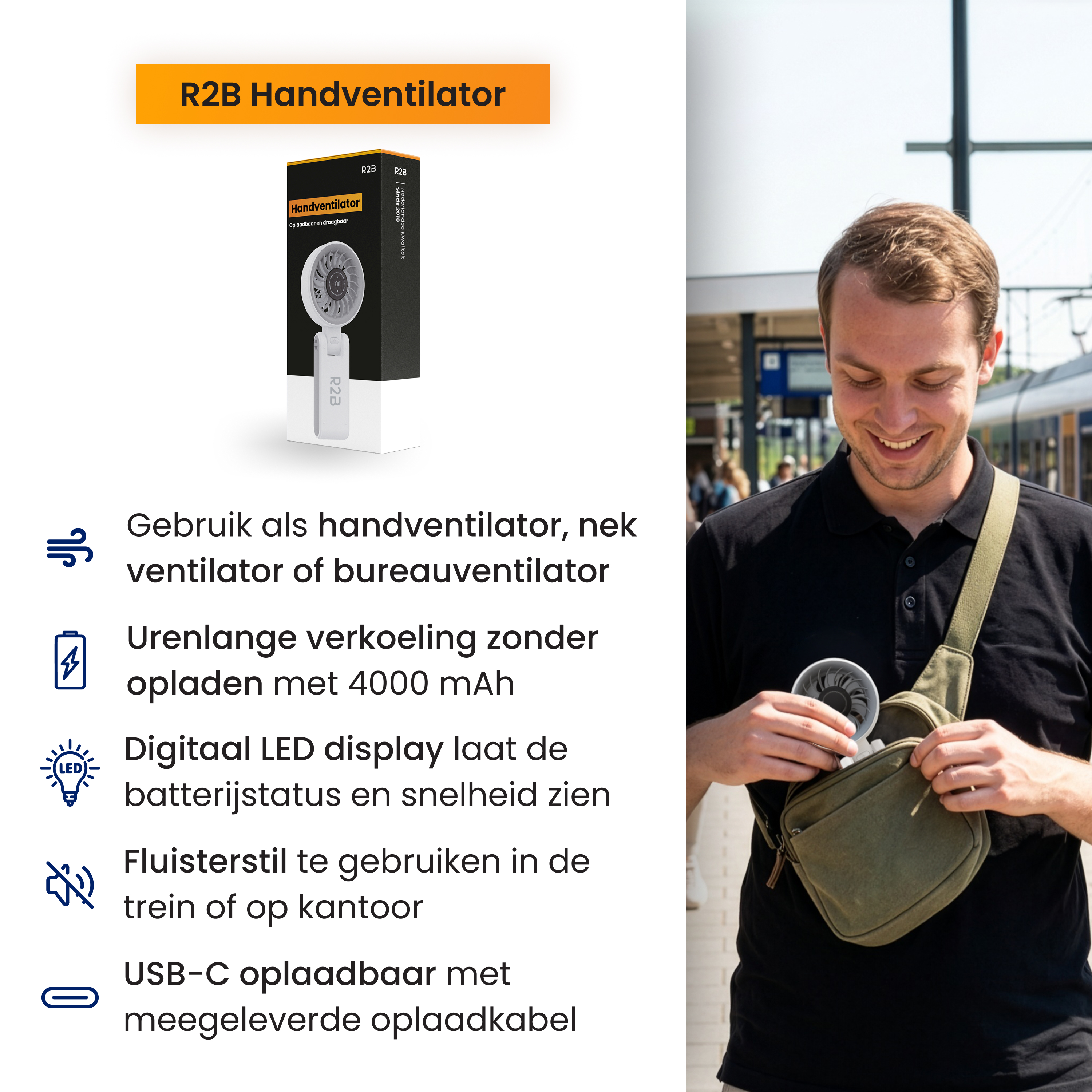 Man stopt kleine witte ventilator in tas; productinfo ernaast.