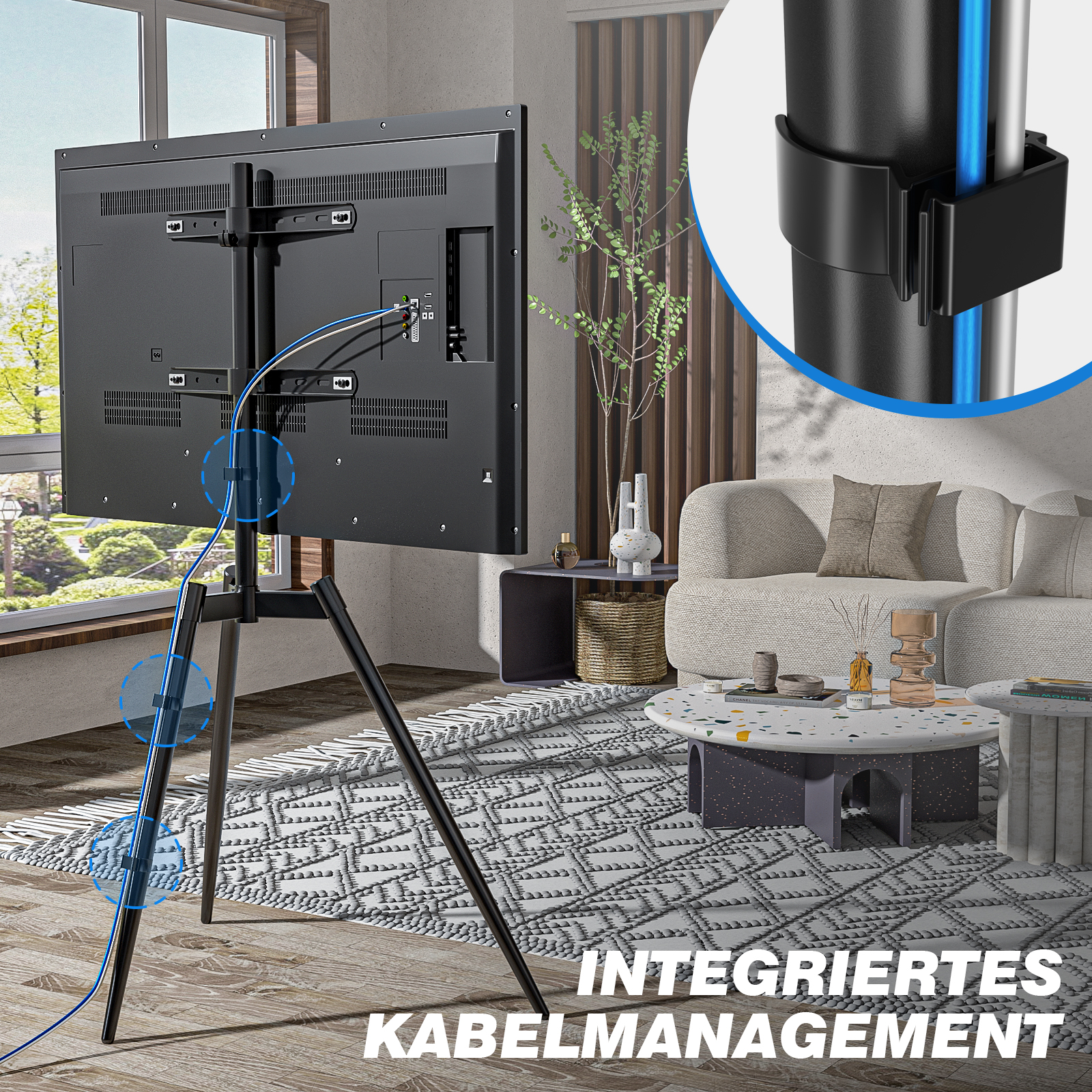 Ein schwarzer Fernseher auf einem Stativ mit integriertem Kabelmanagement.