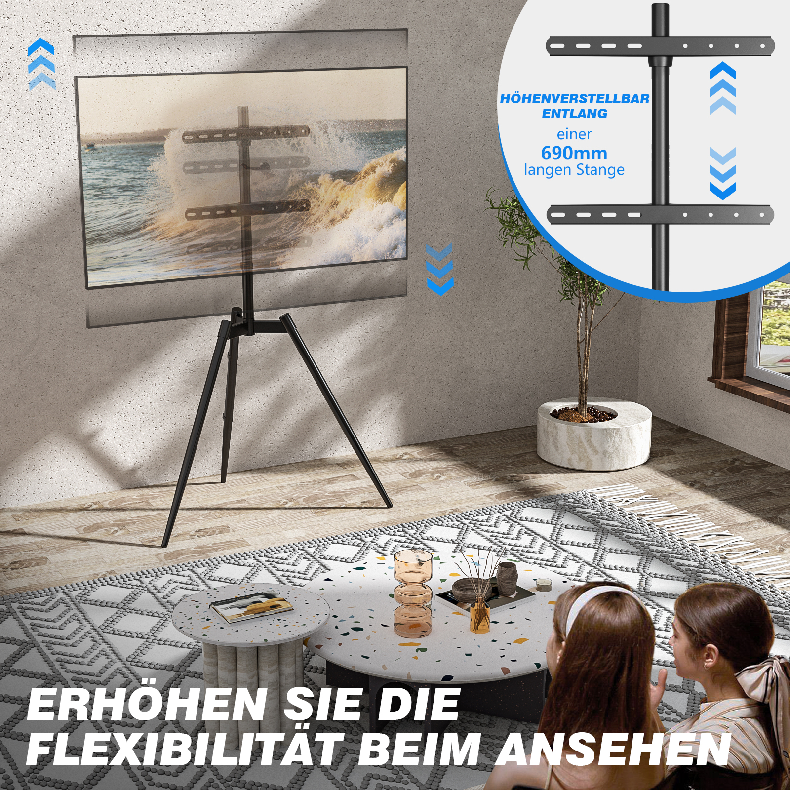Ein Fernseher auf einem schwarzen Dreibeinständer mit verstellbarer Stange.