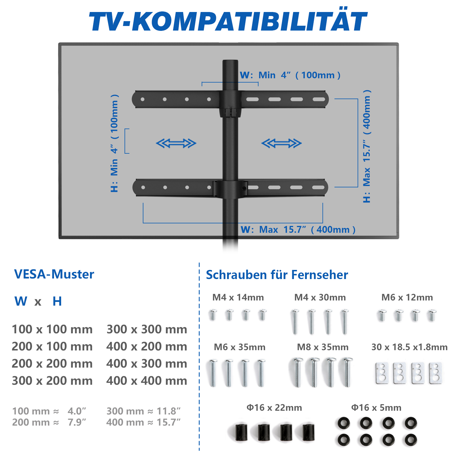TV-Halterung mit VESA-Mustern und Schrauben. Maße in mm und Zoll.
