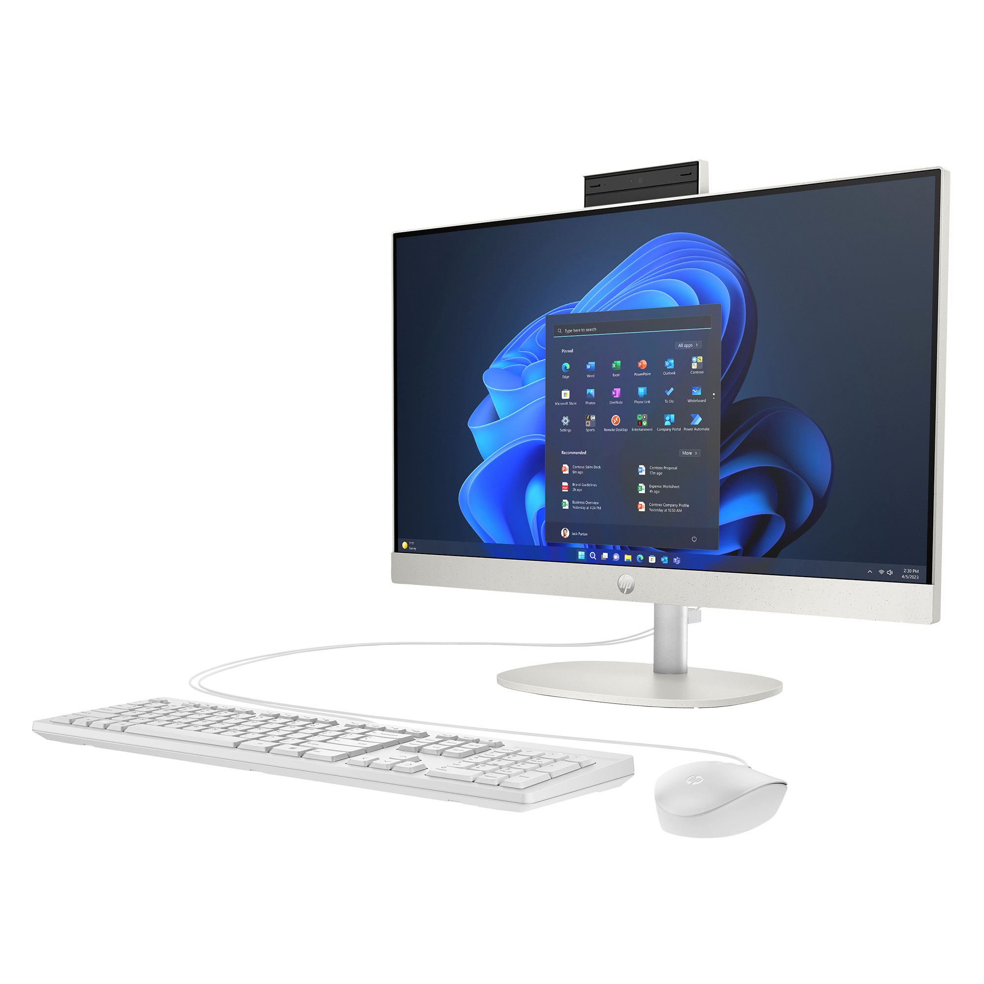 Windows 11 başlangıç ekranını gösteren beyaz bir hepsi bir arada bilgisayar, klavye ve fare ile.