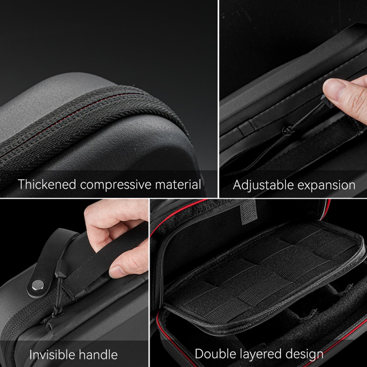 Close-ups of a black storage case: zipper, handle, and interior. Thickened material.