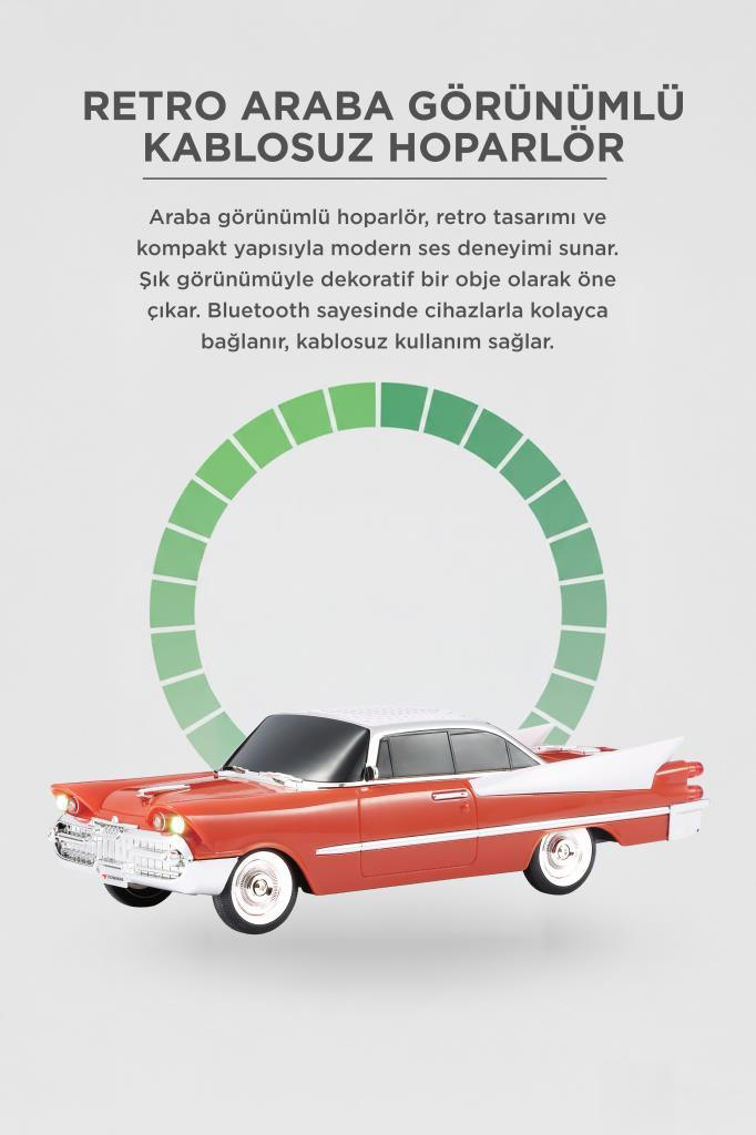 Yeşil dairesel grafikli, kırmızı retro araba görünümlü hoparlör.
