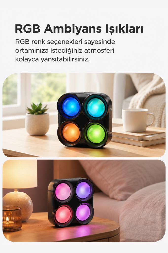 Mavi, yeşil, turuncu ve kırmızı ışıklarla siyah bir RGB ışık küpü.