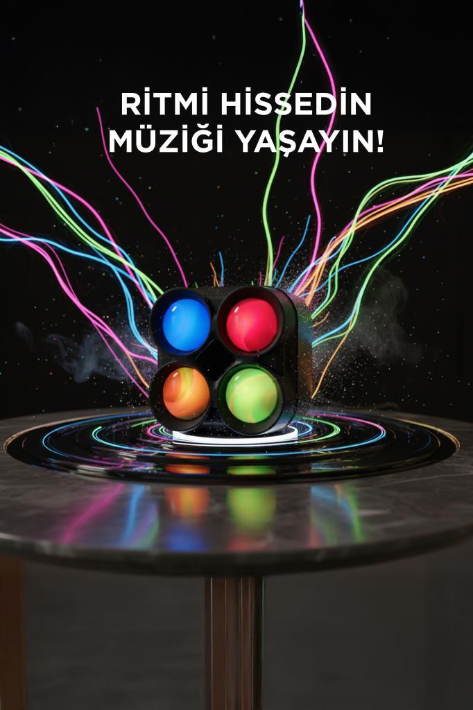 Masa üzerinde dört renkli topu olan, ışık huzmeleriyle çevrili bir cihaz.