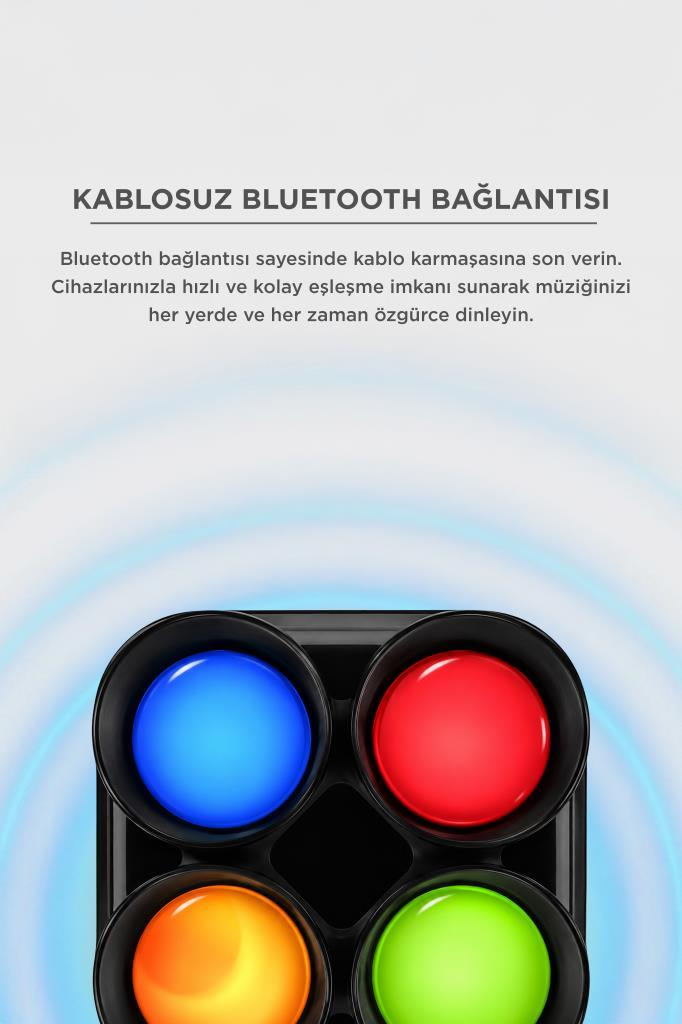 Dört aydınlatmalı düğme: mavi, kırmızı, turuncu ve yeşil. Kablosuz Bluetooth bağlantısı.