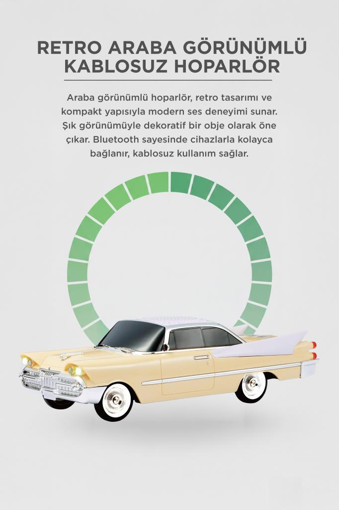 Gümüş tavanlı, beyaz aksanlı, açık sarı retro araba görünümlü hoparlör.