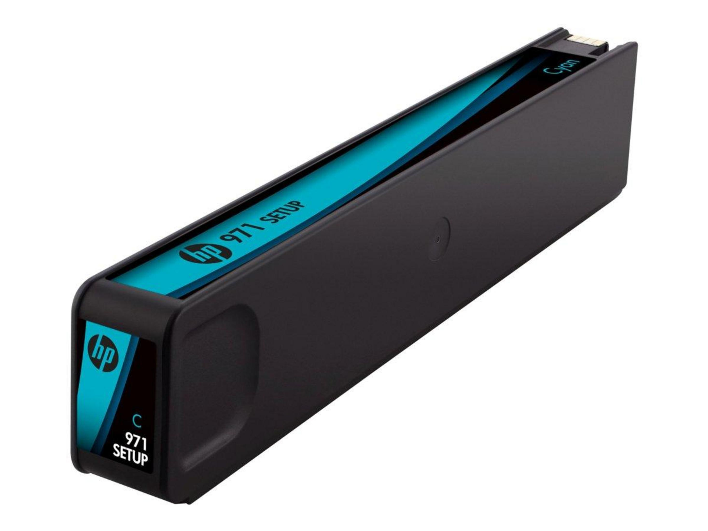 Black ink cartridge with cyan label and HP logo.