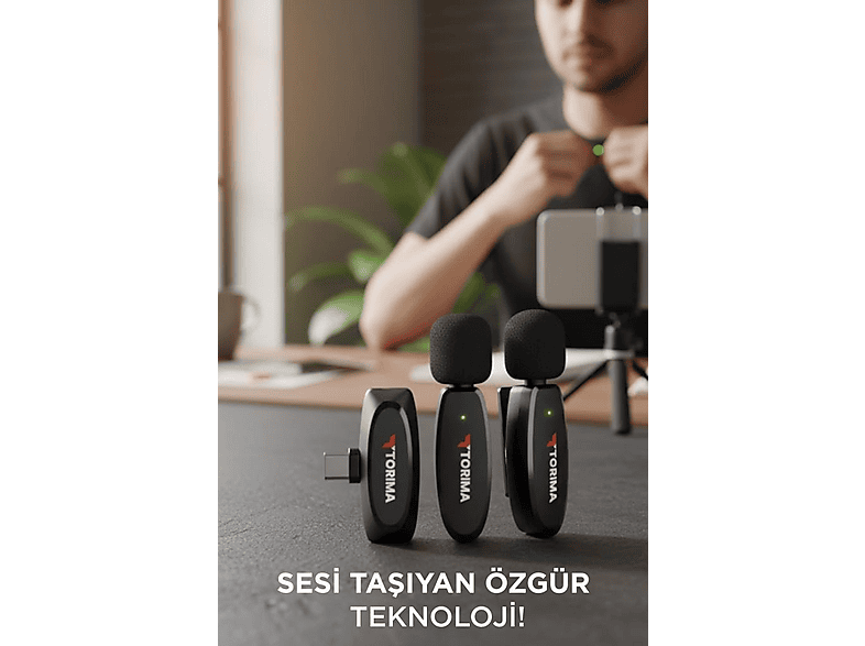 TORIMA Type-C Uyumlu 360 Ses Algılama Özellikli Kablosuz Mikrofon WM01 Siyah Yaka Mikrofonu