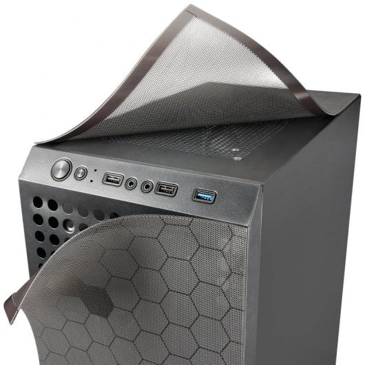 Una caja de PC negra con filtro de polvo de malla desmontable arriba y adelante.