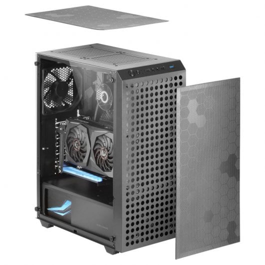Una caja de ordenador negra con lateral transparente, dos ventiladores y una tarjeta gráfica.