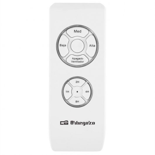 Telecomando bianco con pulsanti velocità ventola e timer.