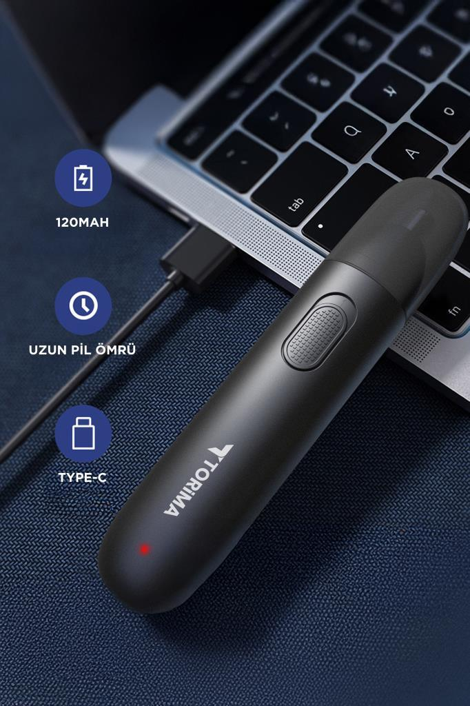 Siyah bir cihaz laptoba bağlı, pil ve Type-C simgeleri mevcut.