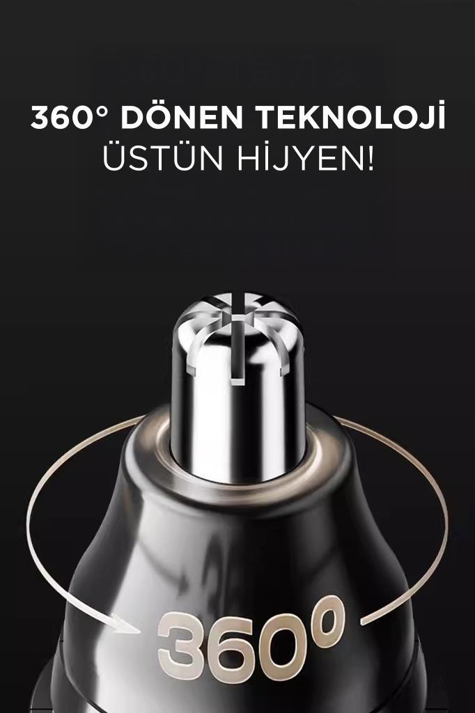 Siyah arka plan üzerinde 360 derece teknolojiye sahip gümüş burun tüyü düzeltici başlık.