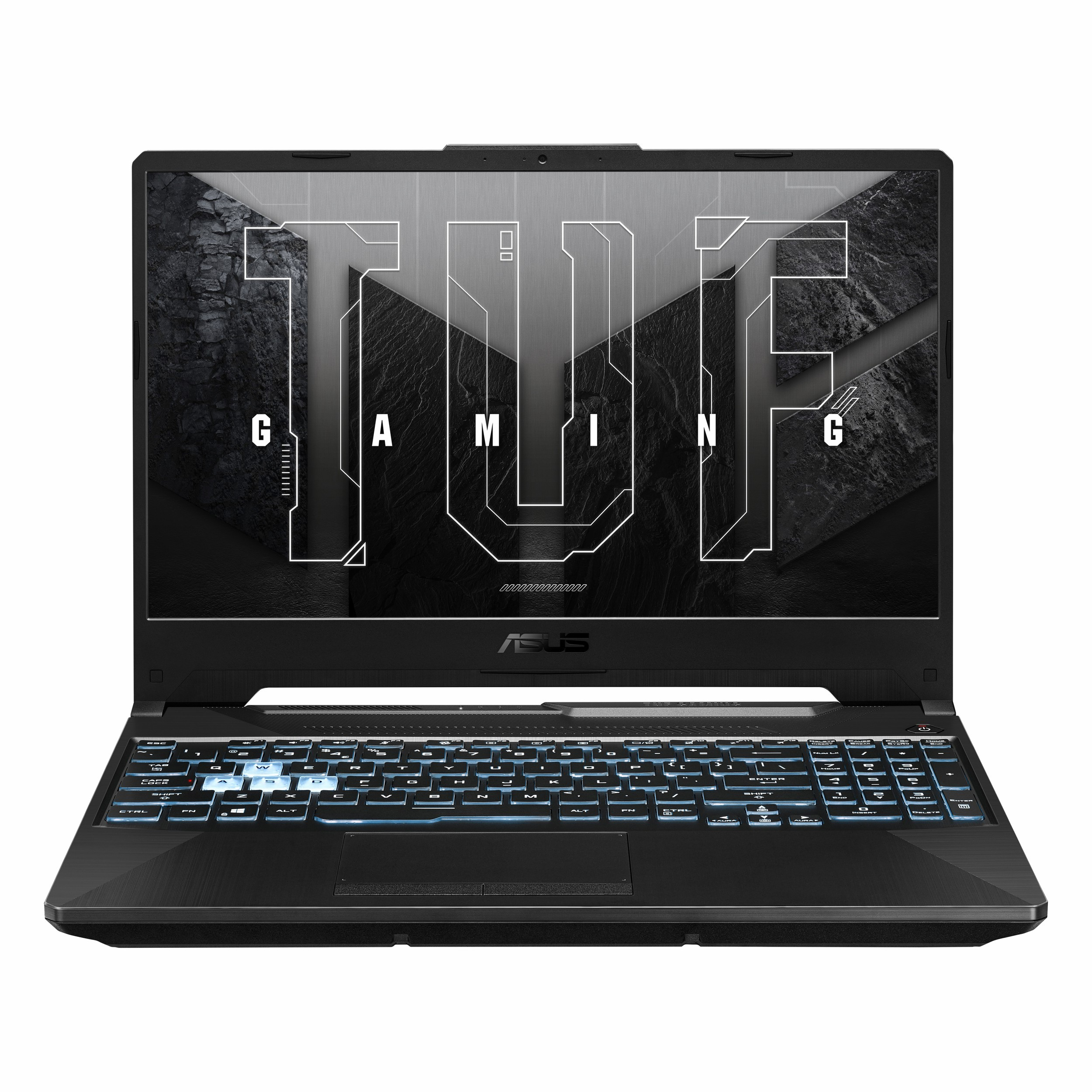 Işıklı klavyeli ve TUF logolu siyah ASUS dizüstü bilgisayar.