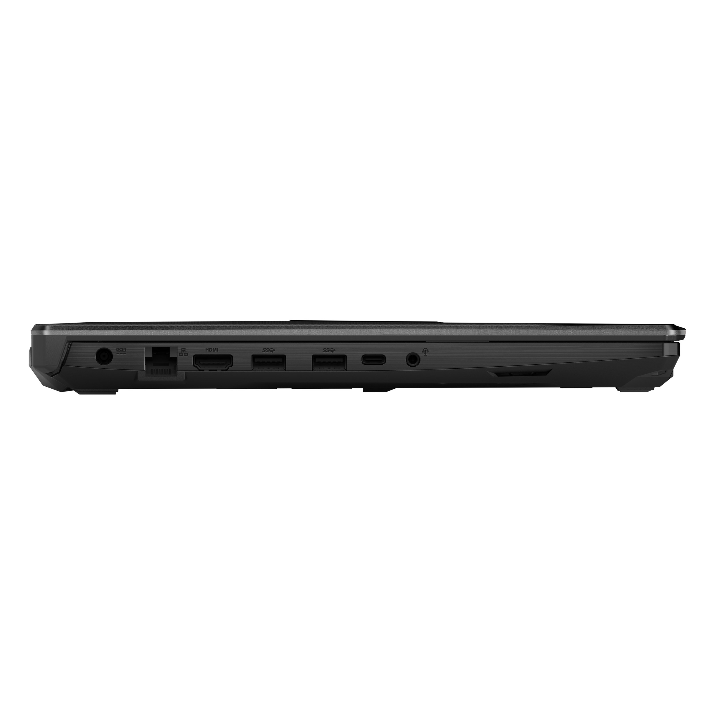 Siyah dizüstü yan görünümü, portlar: DCIN, USB, HDMI, USB-C, ses.