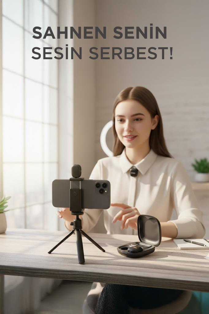 Genç bir kadın masada oturmuş, tripod üzerindeki akıllı telefonla kendini kaydediyor.