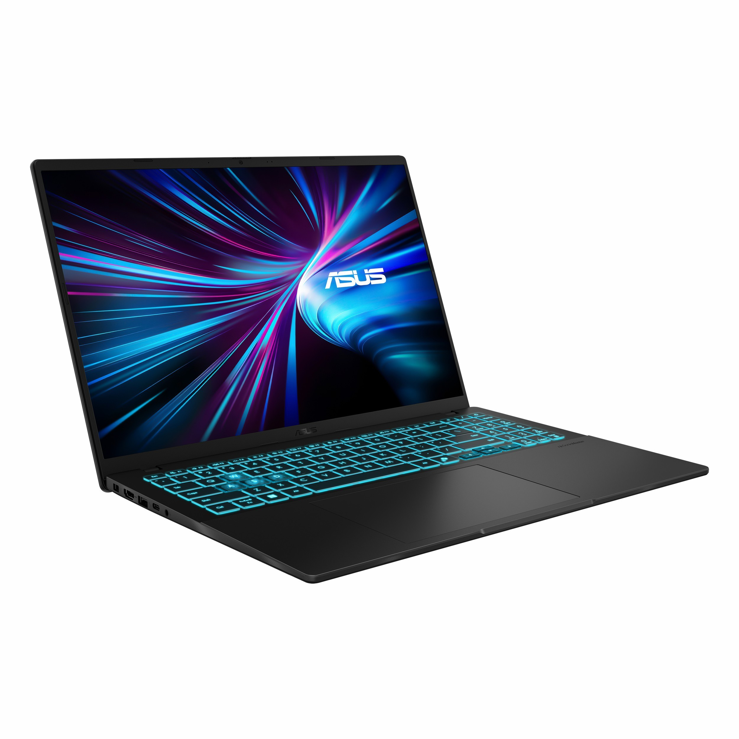 Parlak mavi klavyeli ve ekranda ASUS logosu bulunan siyah dizüstü bilgisayar.