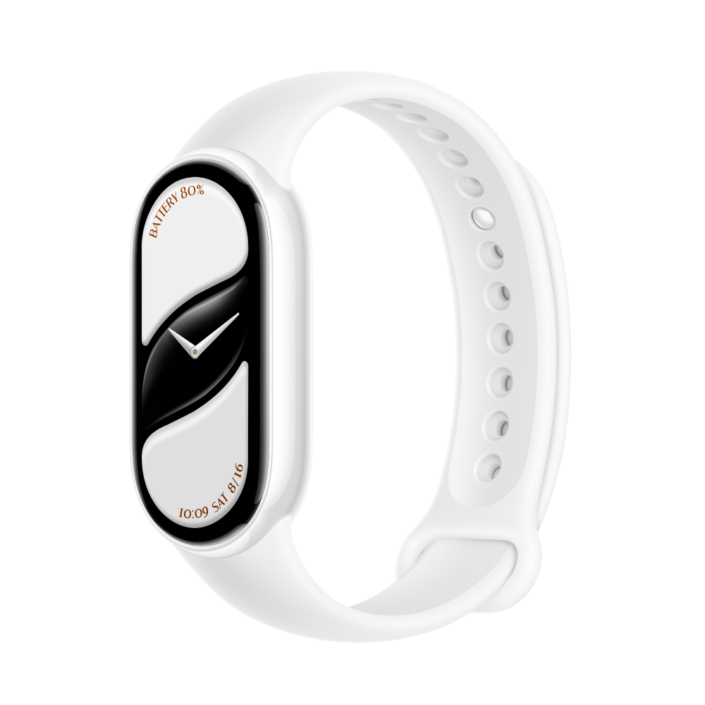 Una pulsera de actividad blanca con pantalla que muestra 80% de batería.