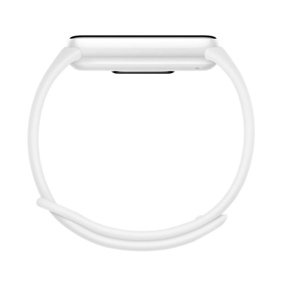 Una pulsera inteligente blanca con cuerpo elegante y correa flexible.