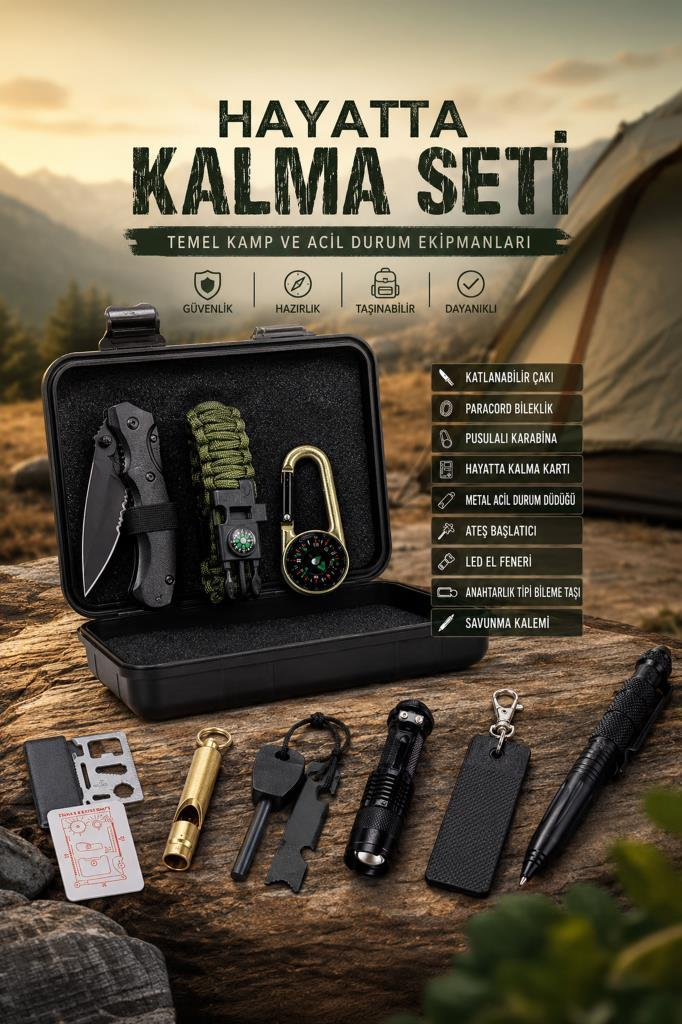 Bıçak, paracord, pusula, düdük, ateş başlatıcı, fener, bileme taşı, kalem içeren hayatta kalma seti.