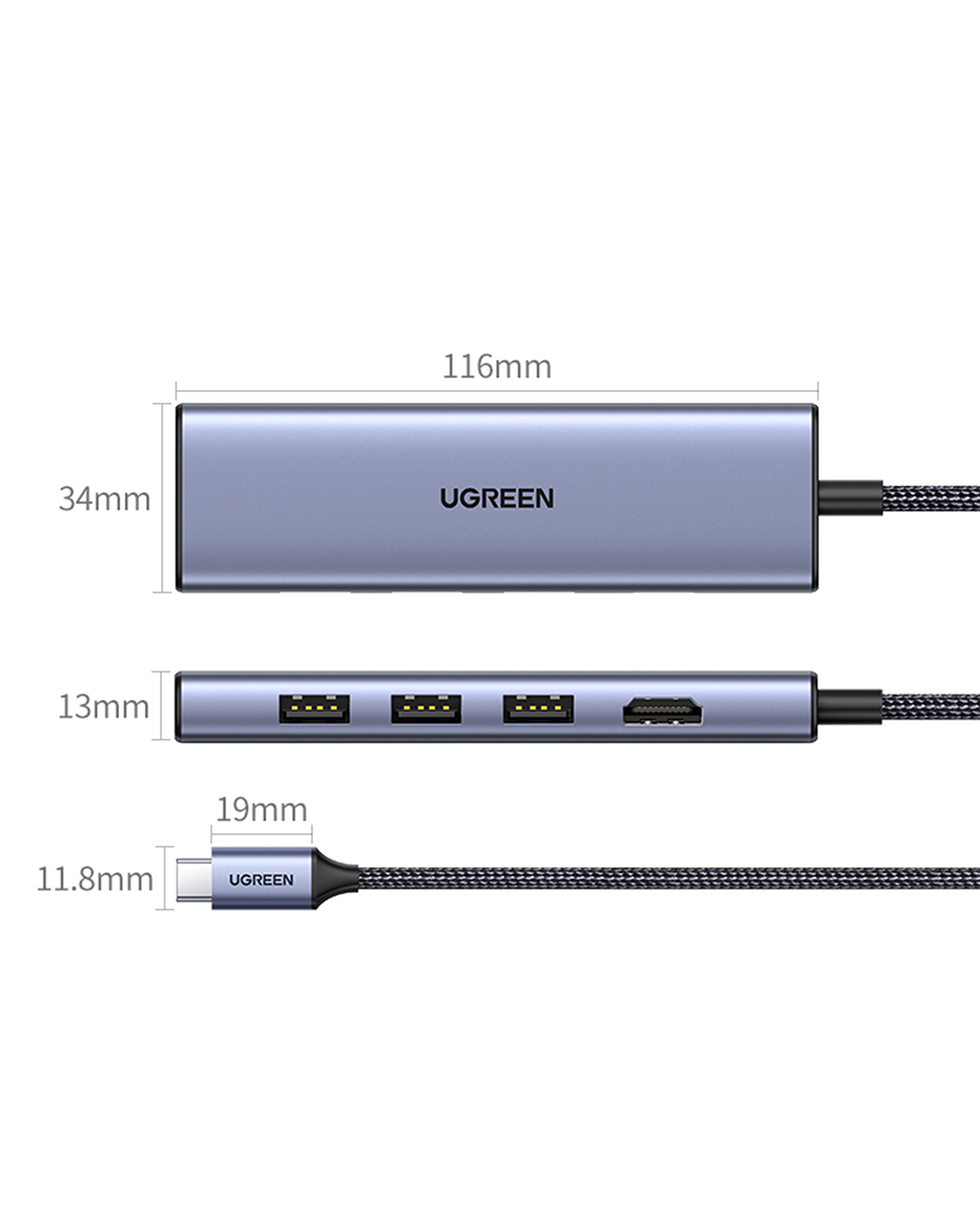 Gri UGREEN adaptör USB-C kablolu, boyutları 116x34x13mm.