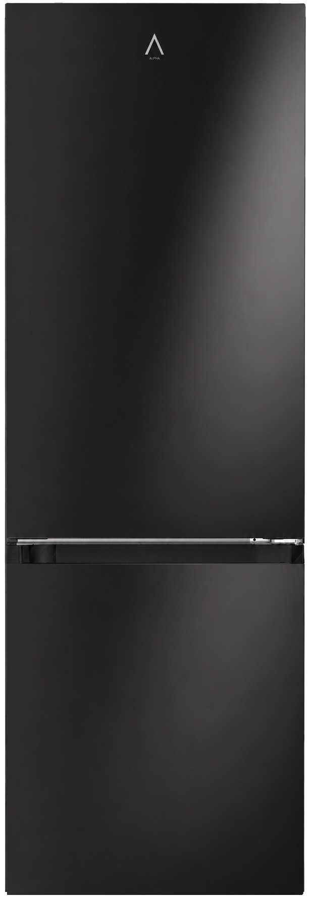 Refrigerador negro con asa plateada y logo ALPHA en la parte superior.