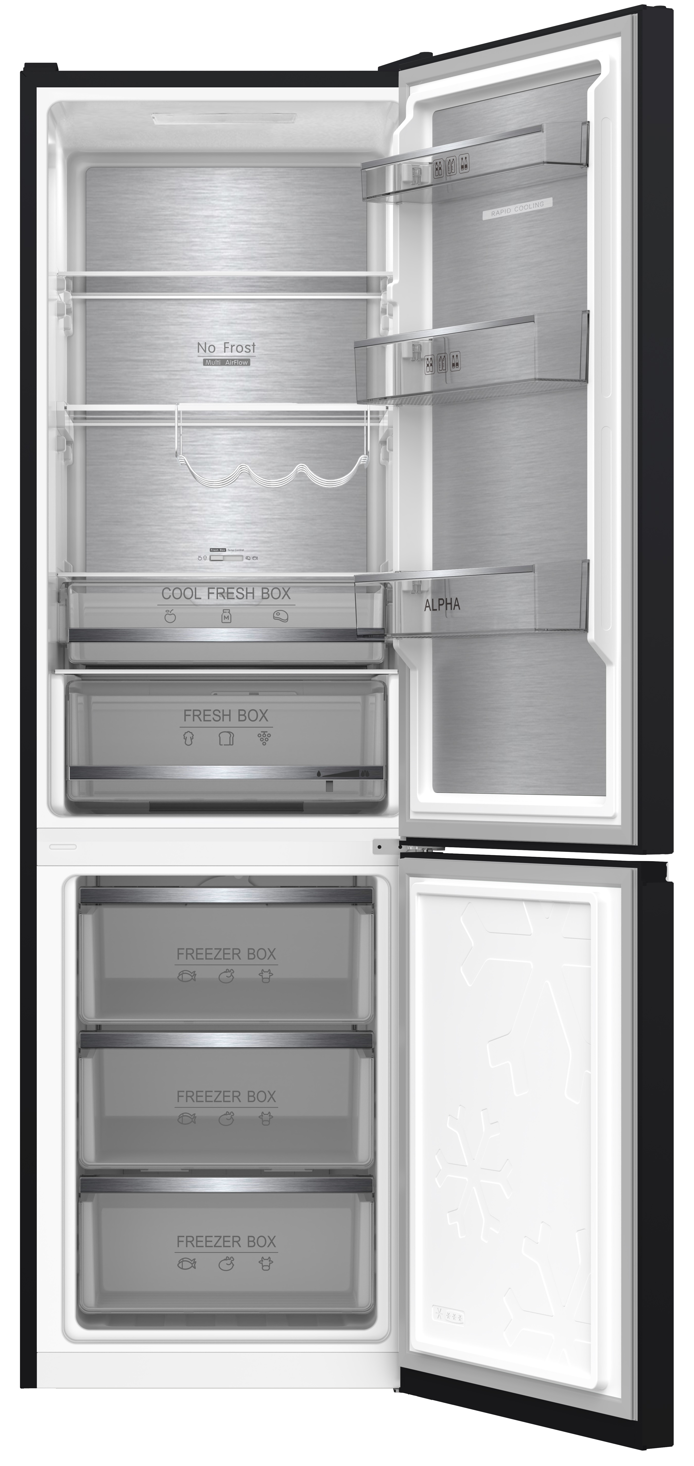 Refrigerador negro abierto con estantes de cristal, cajones e iluminación LED. No Frost.
