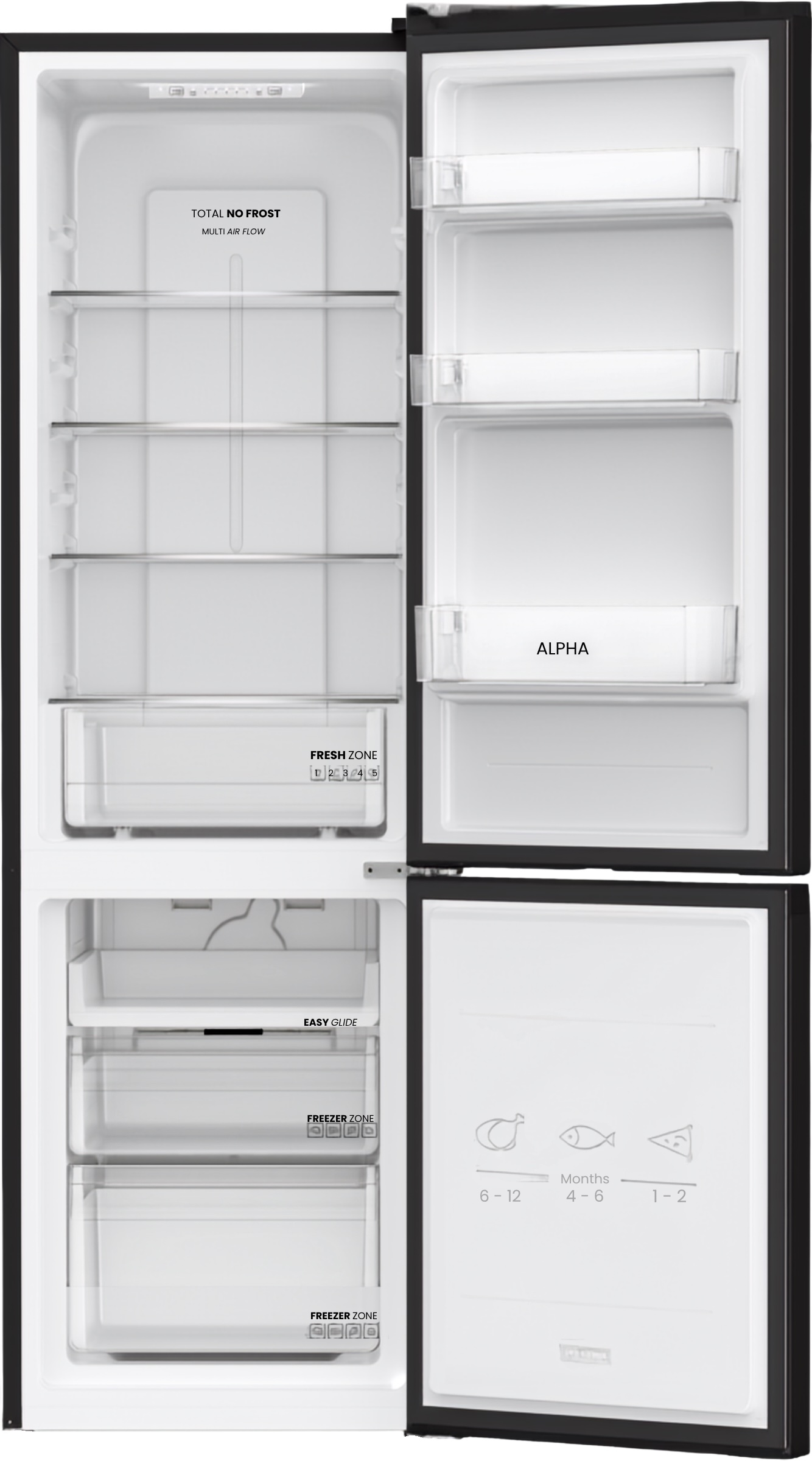 Un refrigerador abierto con varios estantes y cajones. Las etiquetas incluyen 'FRESH ZONE' y 'FREEZER ZONE'.